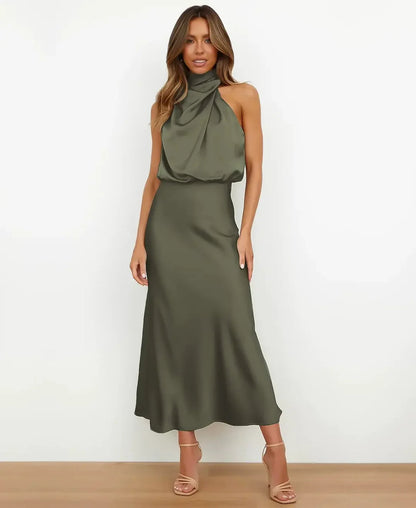 Elegant Formal Wedding Guest Dress for Women with Halter Neck Sleeveless Satin Draped Blouson Midi Style