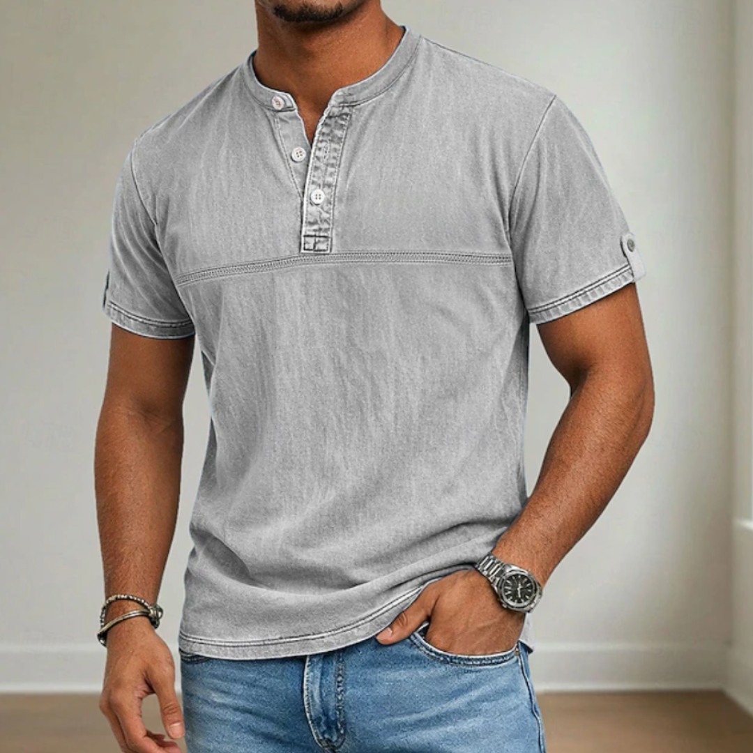 Classic Shirt for Men with Stand Collar Short Sleeve