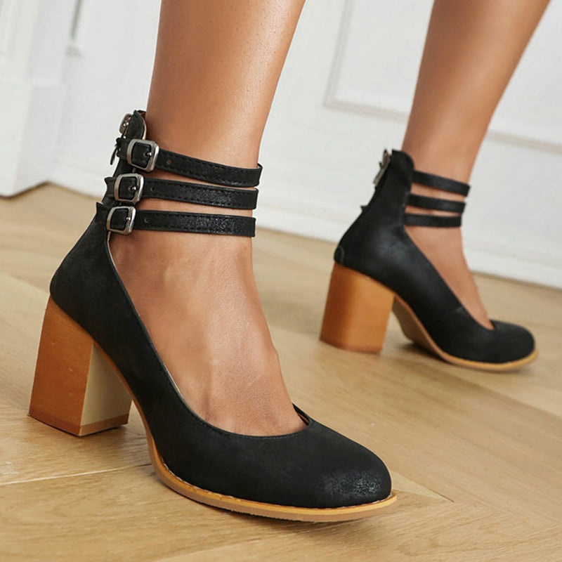 Stylish Sandals for Women with Triple Ankle Strap Double Buckle Block Heel Open Toe Leather Style