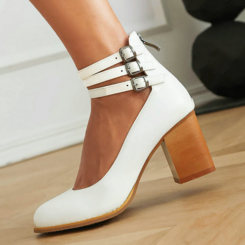 Stylish Sandals for Women with Triple Ankle Strap Double Buckle Block Heel Open Toe Leather Style