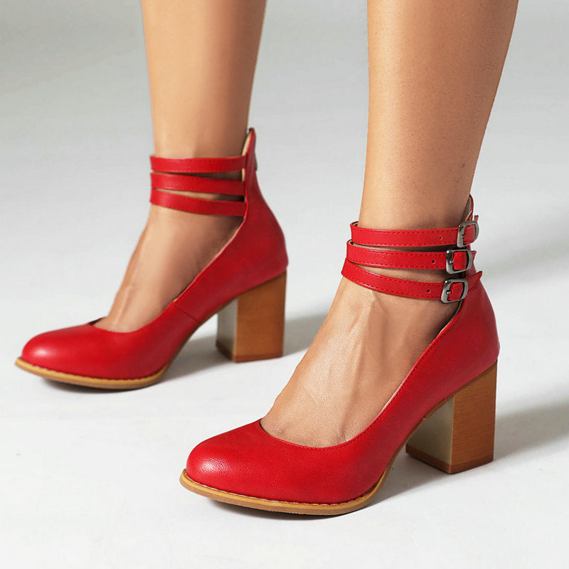 Stylish Sandals for Women with Triple Ankle Strap Double Buckle Block Heel Open Toe Leather Style