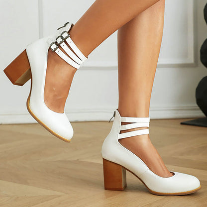 Stylish Sandals for Women with Triple Ankle Strap Double Buckle Block Heel Open Toe Leather Style