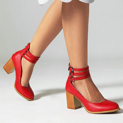 Stylish Sandals for Women with Triple Ankle Strap Double Buckle Block Heel Open Toe Leather Style