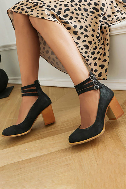 Stylish Sandals for Women with Triple Ankle Strap Double Buckle Block Heel Open Toe Leather Style