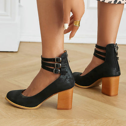 Stylish Sandals for Women with Triple Ankle Strap Double Buckle Block Heel Open Toe Leather Style