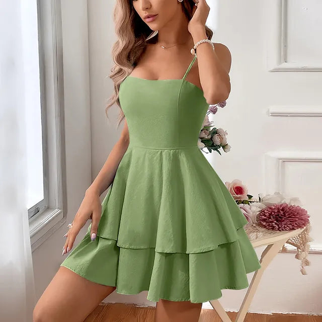 Elegant Cocktail Dress for Women with Spaghetti Strap Tiered Ruffle Skirt A-Line Mini Party Style