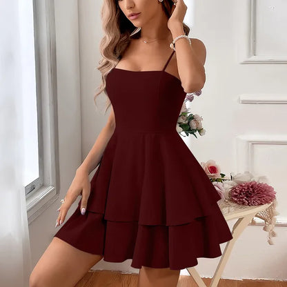 Elegant Cocktail Dress for Women with Spaghetti Strap Tiered Ruffle Skirt A-Line Mini Party Style