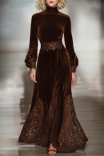 Elegant Long Dresses for Women with Turtleneck Balloon Sleeve Velvet Lace Waist Formal Wedding Guest Style