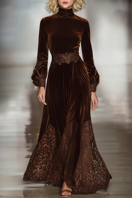 Elegant Long Dresses for Women with Turtleneck Balloon Sleeve Velvet Lace Waist Formal Wedding Guest Style