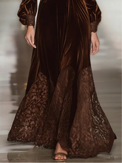 Elegant Long Dresses for Women with Turtleneck Balloon Sleeve Velvet Lace Waist Formal Wedding Guest Style