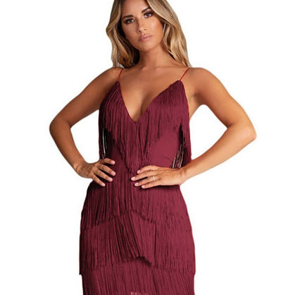 Elegant Flapper Dress for Women with V-Neck Spaghetti Strap Tassel Fringe Cocktail Mini Party Style