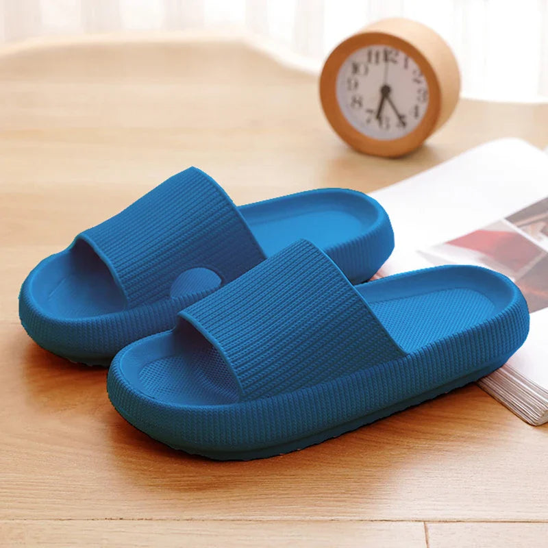 Comfortable Platform Sandals for Women with Wide Band Ribbed Cushion Slide Cloud Sole Slip On Style