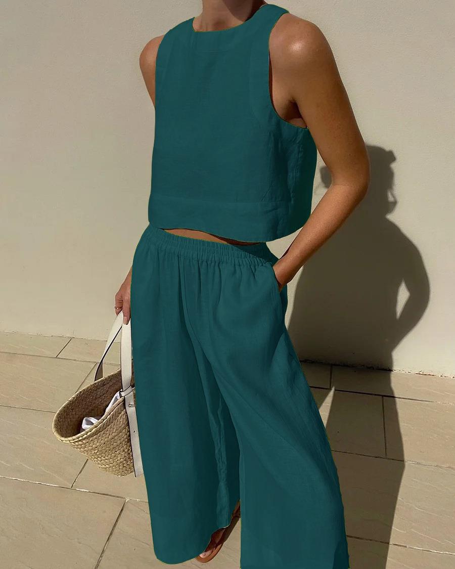 Effortless Two Piece Set for Women with Sleeveless Casual Wide Leg Style