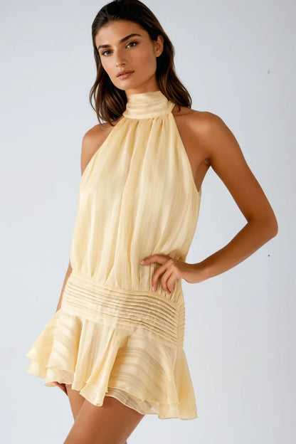 Elegant Dress for Women with Halter Neck Open Back Pleated Chiffon Ruffle Hem Cocktail Mini Style