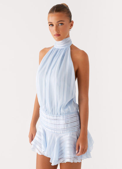 Elegant Dress for Women with Halter Neck Open Back Pleated Chiffon Ruffle Hem Cocktail Mini Style