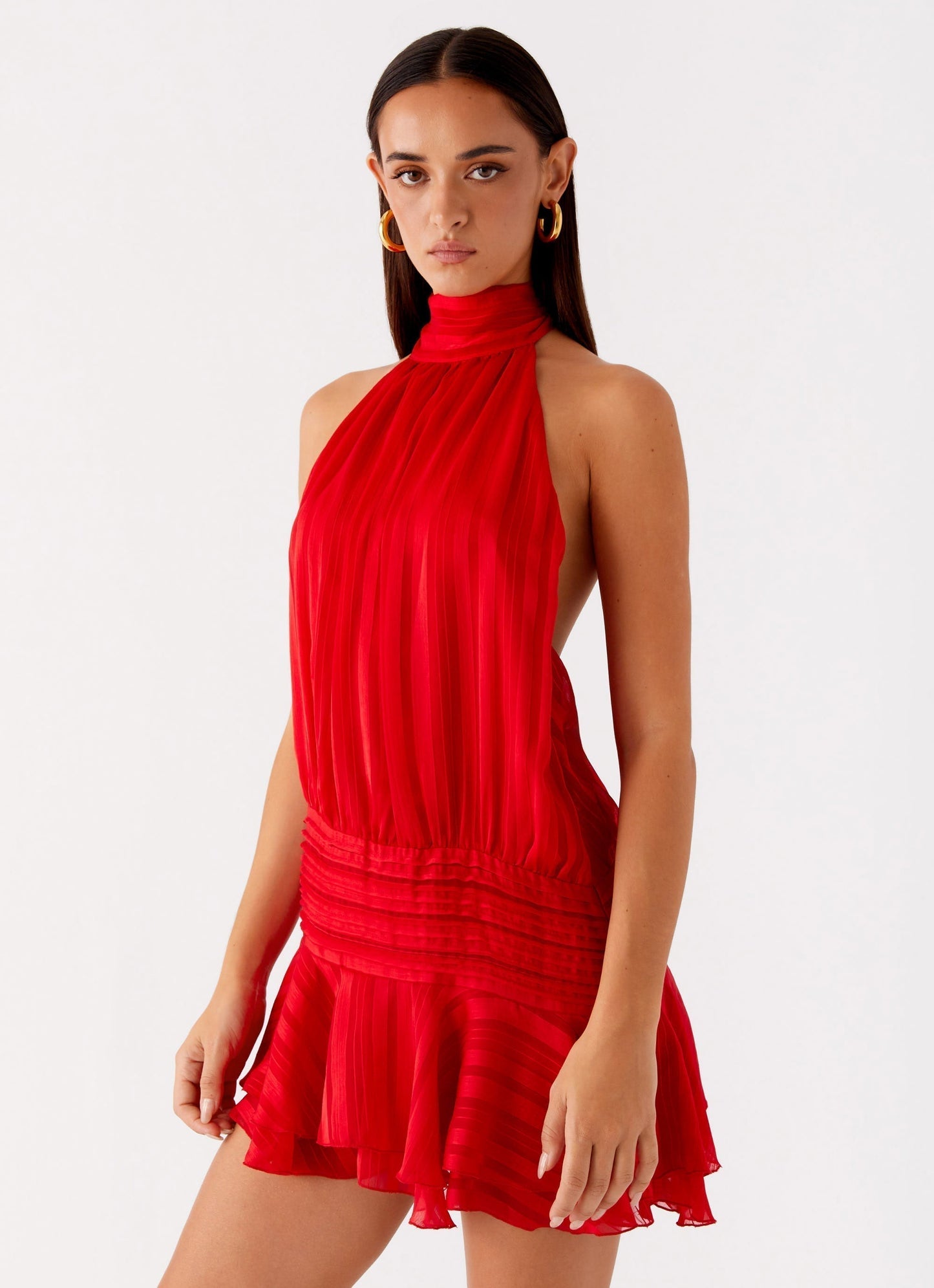 Elegant Dress for Women with Halter Neck Open Back Pleated Chiffon Ruffle Hem Cocktail Mini Style