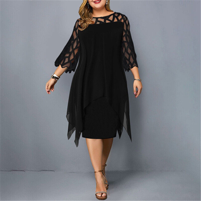 Elegant Dress for Women with Crew Neck Lace Elbow Sleeve Chiffon Overlay Asymmetric Hem Midi Style