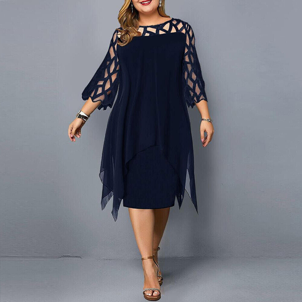 Elegant Dress for Women with Crew Neck Lace Elbow Sleeve Chiffon Overlay Asymmetric Hem Midi Style