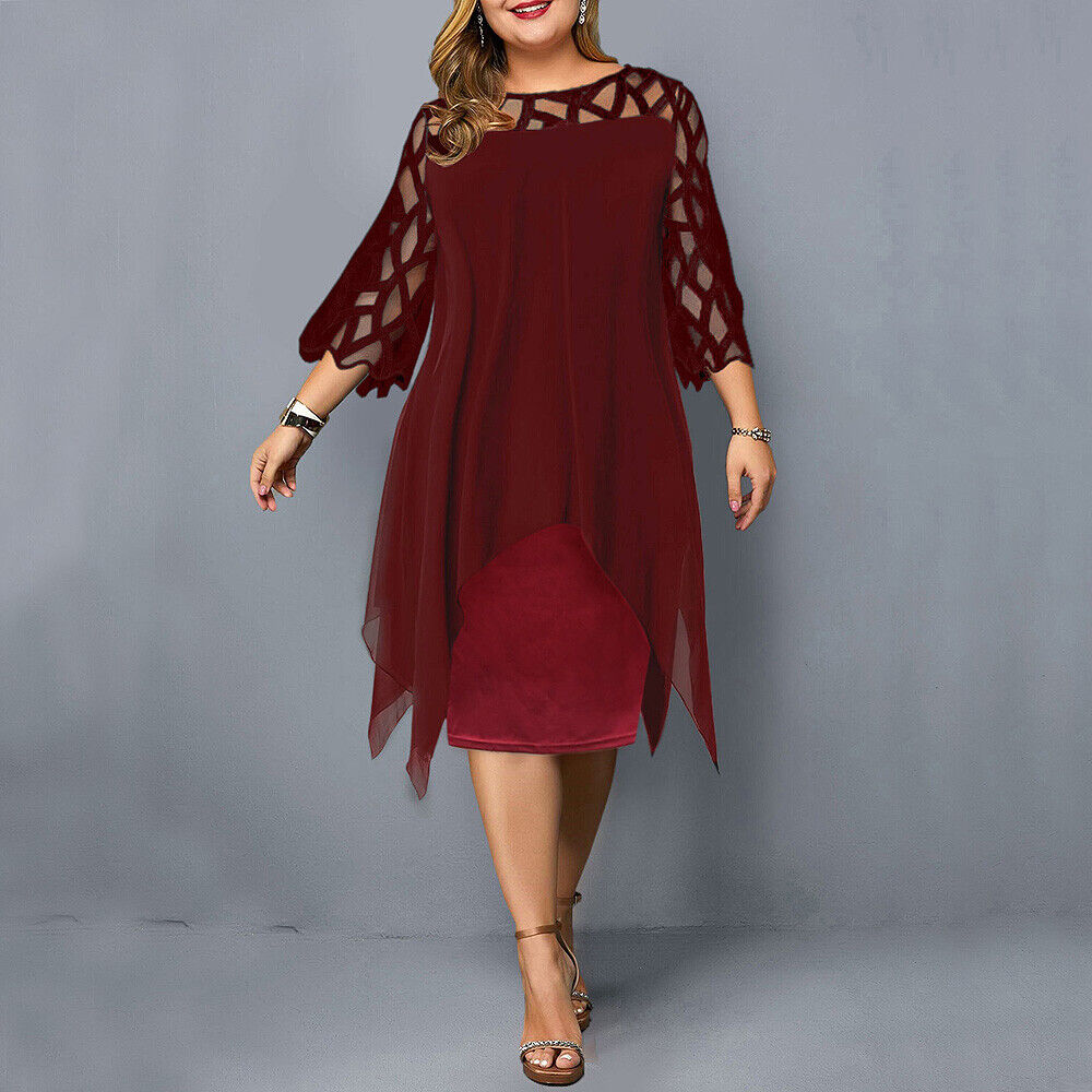 Elegant Dress for Women with Crew Neck Lace Elbow Sleeve Chiffon Overlay Asymmetric Hem Midi Style