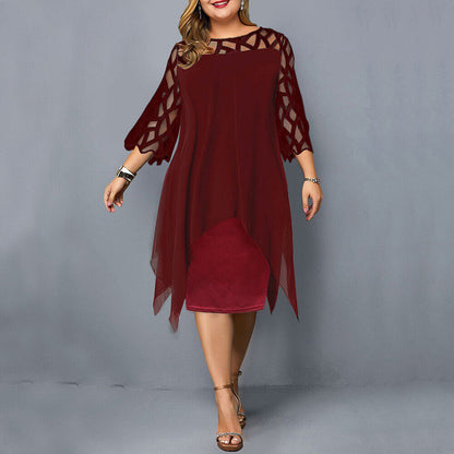 Elegant Dress for Women with Crew Neck Lace Elbow Sleeve Chiffon Overlay Asymmetric Hem Midi Style
