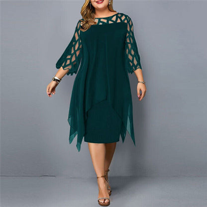 Elegant Dress for Women with Crew Neck Lace Elbow Sleeve Chiffon Overlay Asymmetric Hem Midi Style