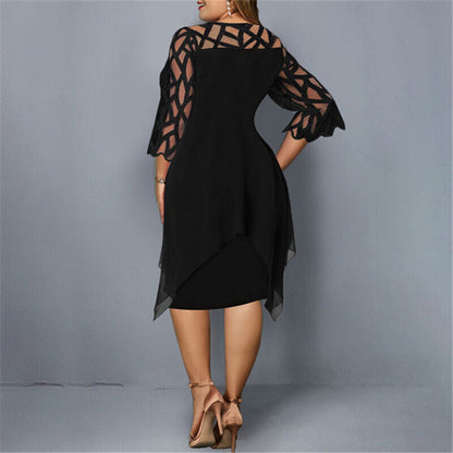 Elegant Dress for Women with Crew Neck Lace Elbow Sleeve Chiffon Overlay Asymmetric Hem Midi Style