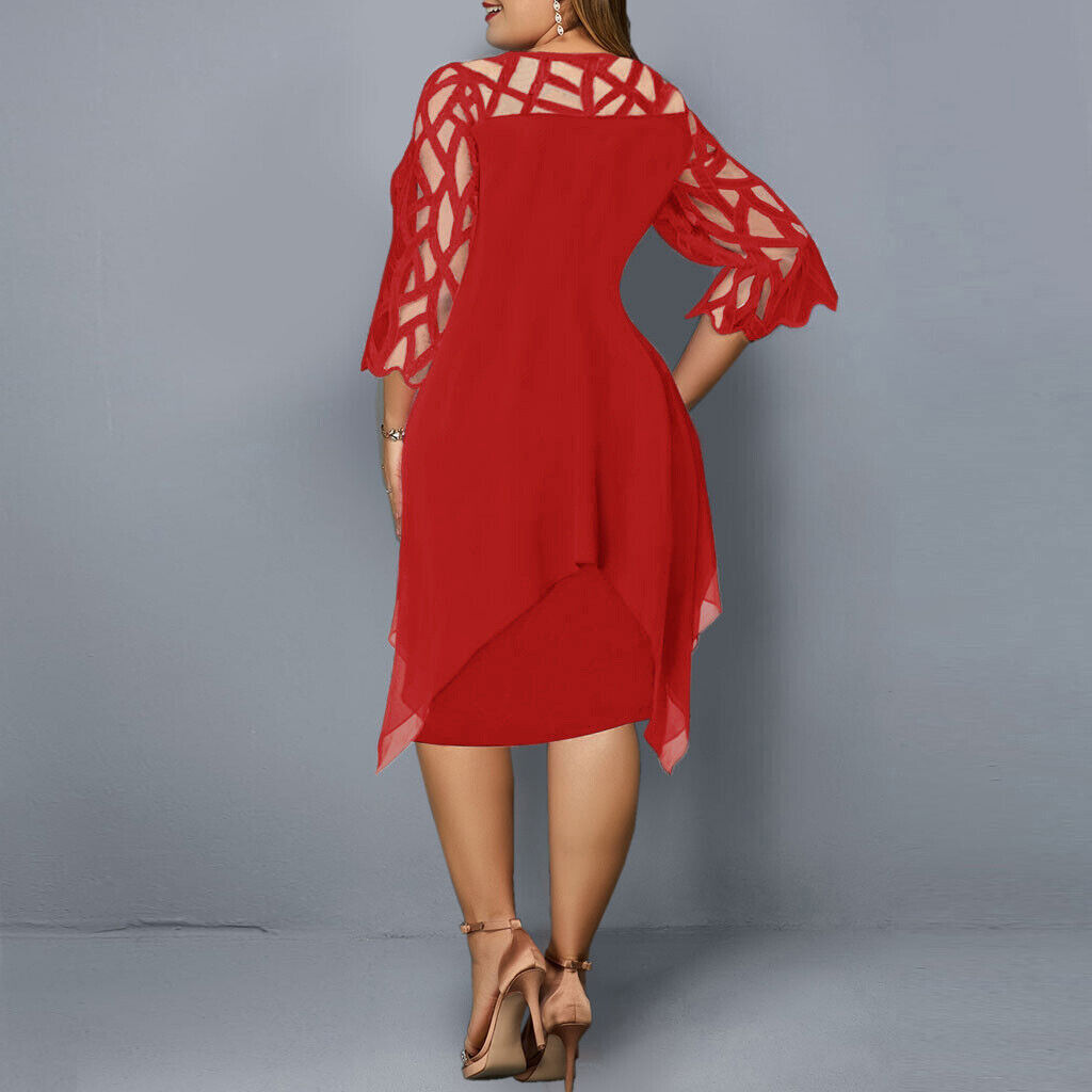 Elegant Dress for Women with Crew Neck Lace Elbow Sleeve Chiffon Overlay Asymmetric Hem Midi Style