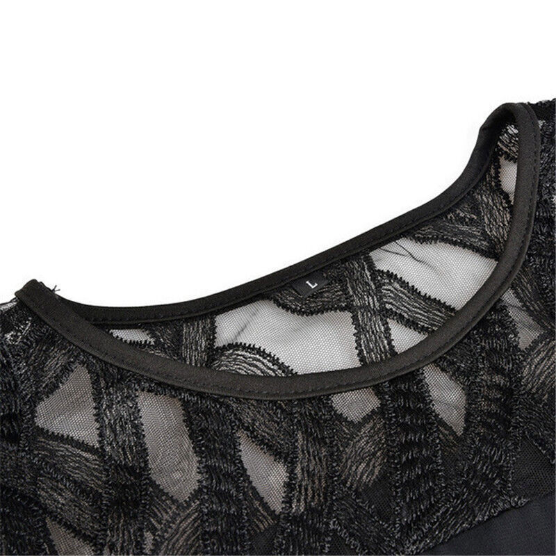 Elegant Dress for Women with Crew Neck Lace Elbow Sleeve Chiffon Overlay Asymmetric Hem Midi Style