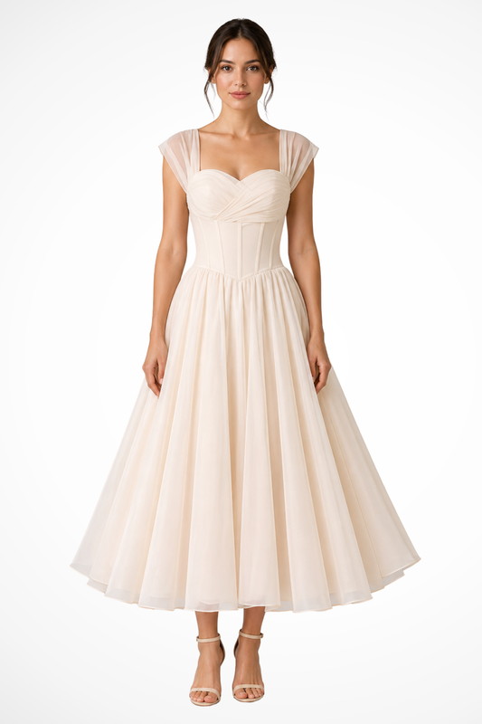 Elegant Formal Wedding Guest Dress for Women with Sweetheart Neck Tulle Corset Bodice Flared Midi Style