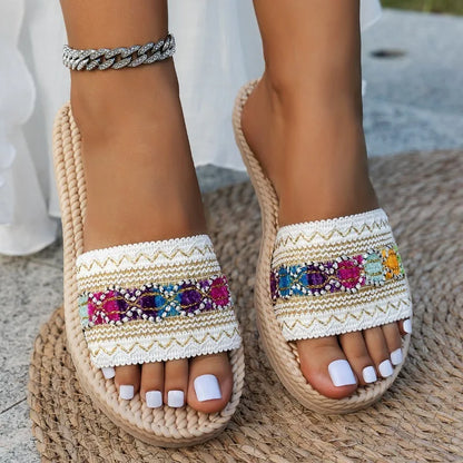 Comfortable Sandals for Women with Open Toe Embroidered Beaded Espadrille Flat Rope Sole Casual Style