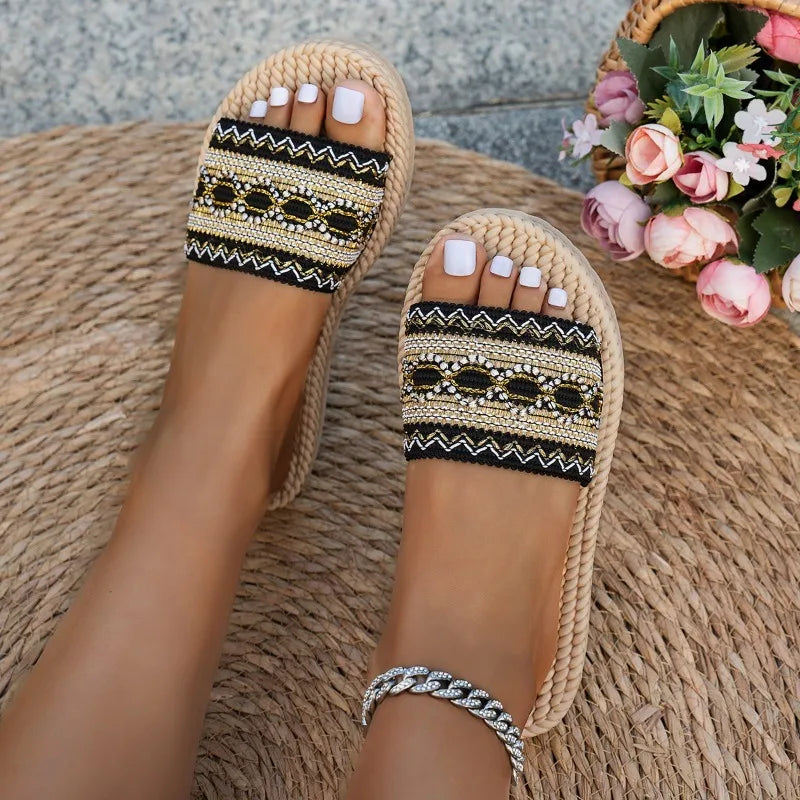 Comfortable Sandals for Women with Open Toe Embroidered Beaded Espadrille Flat Rope Sole Casual Style