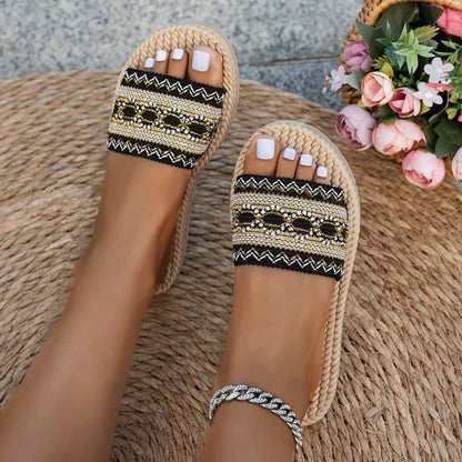 Comfortable Sandals for Women with Open Toe Embroidered Beaded Espadrille Flat Rope Sole Casual Style