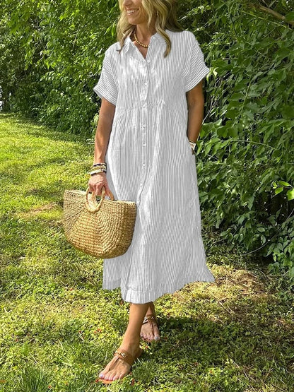 Effortless Shirt Dress for Women with Collar Button Down Short Sleeve Stripe Print Pocket Casual Midi Style