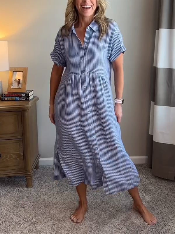 Effortless Shirt Dress for Women with Collar Button Down Short Sleeve Stripe Print Pocket Casual Midi Style