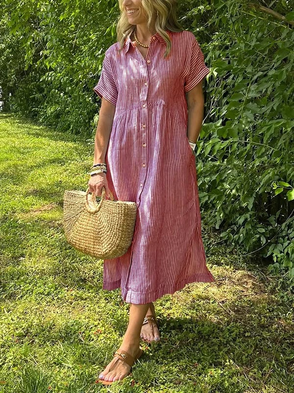Effortless Shirt Dress for Women with Collar Button Down Short Sleeve Stripe Print Pocket Casual Midi Style