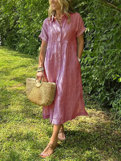 Effortless Shirt Dress for Women with Collar Button Down Short Sleeve Stripe Print Pocket Casual Midi Style