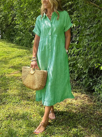 Effortless Shirt Dress for Women with Collar Button Down Short Sleeve Stripe Print Pocket Casual Midi Style