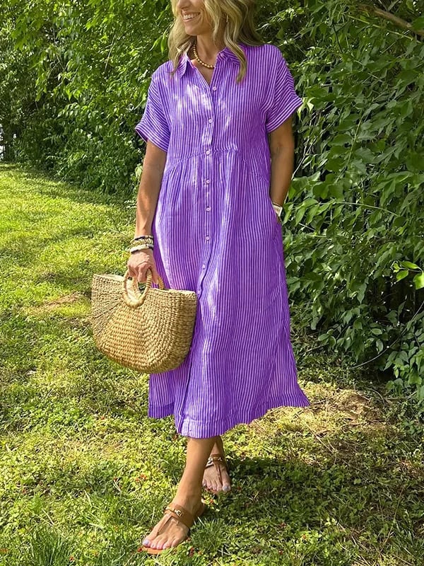 Effortless Shirt Dress for Women with Collar Button Down Short Sleeve Stripe Print Pocket Casual Midi Style