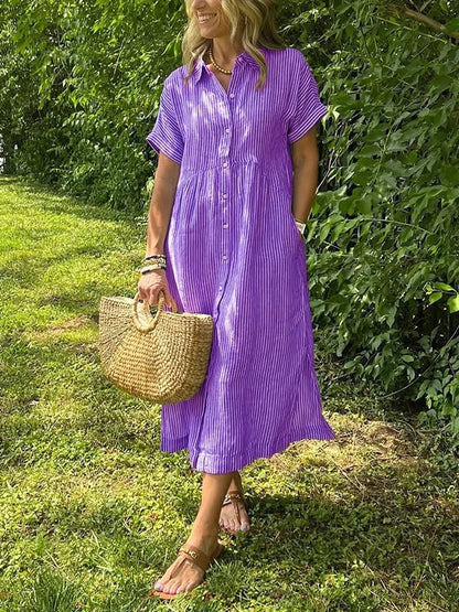 Effortless Shirt Dress for Women with Collar Button Down Short Sleeve Stripe Print Pocket Casual Midi Style
