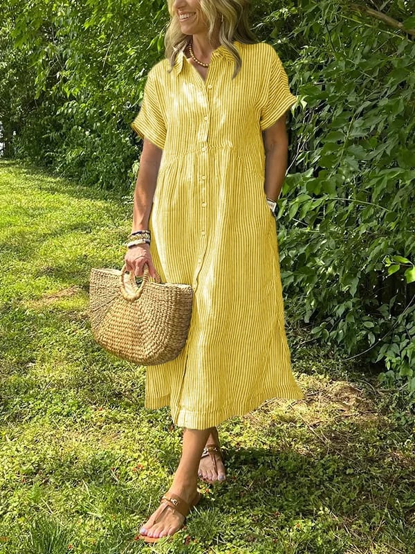 Effortless Shirt Dress for Women with Collar Button Down Short Sleeve Stripe Print Pocket Casual Midi Style