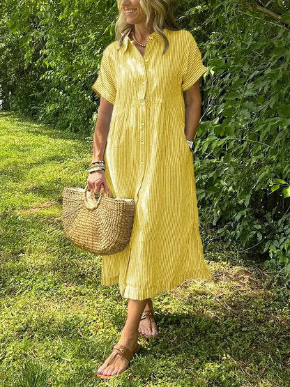 Effortless Shirt Dress for Women with Collar Button Down Short Sleeve Stripe Print Pocket Casual Midi Style