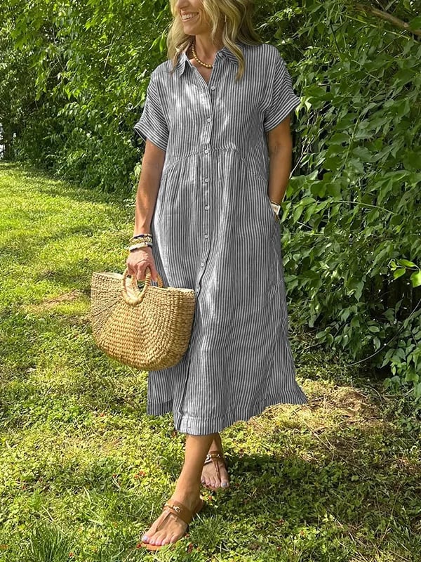 Effortless Shirt Dress for Women with Collar Button Down Short Sleeve Stripe Print Pocket Casual Midi Style