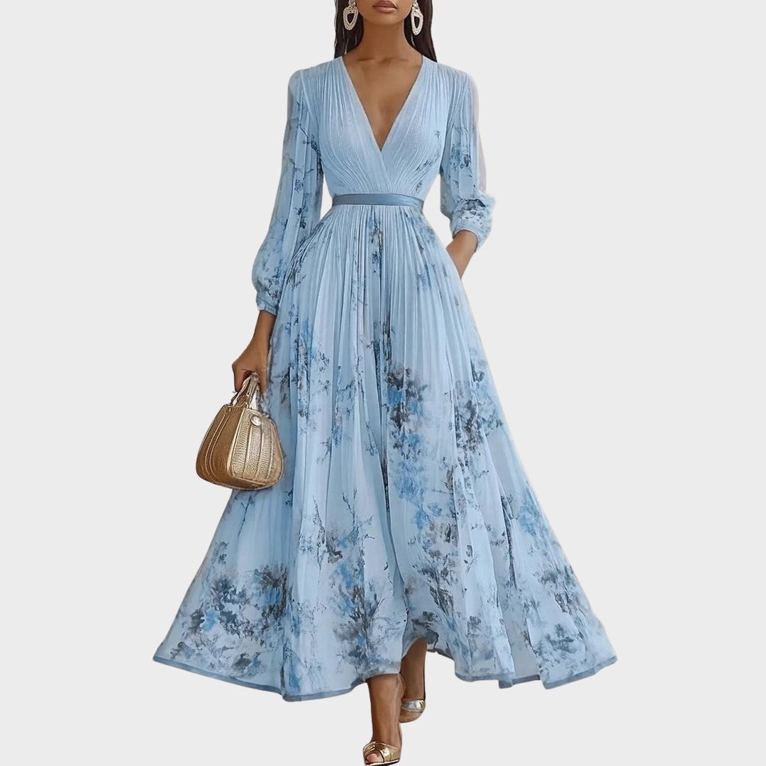 Elegant Floral Pleated Maxi Dress for Women with Deep V-Neck Sleeveless Belted Formal Wedding Guest Style