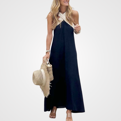 Effortless Colorblock Maxi Dress for Women with Halter Crossover Neck Sleeveless Casual Style