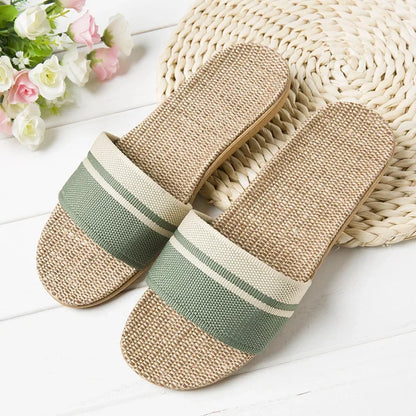 Comfortable Flip Flops for Women with Wide Band Stripe Print Linen Flat Sole Slip On Casual Sandal Style
