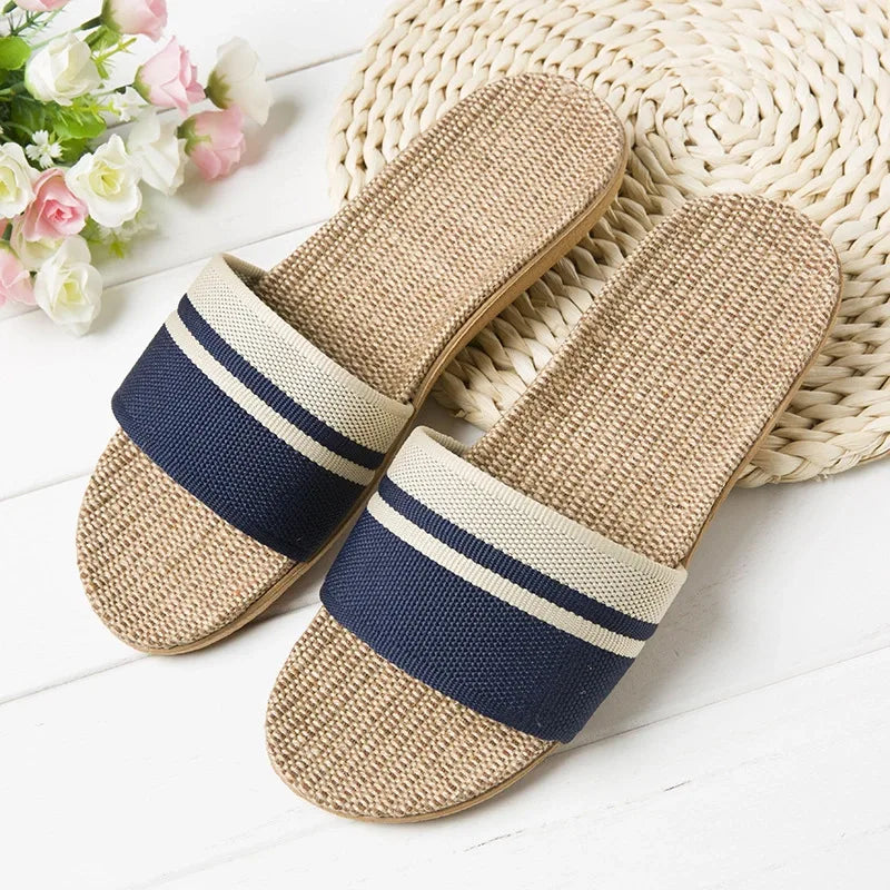 Comfortable Flip Flops for Women with Wide Band Stripe Print Linen Flat Sole Slip On Casual Sandal Style