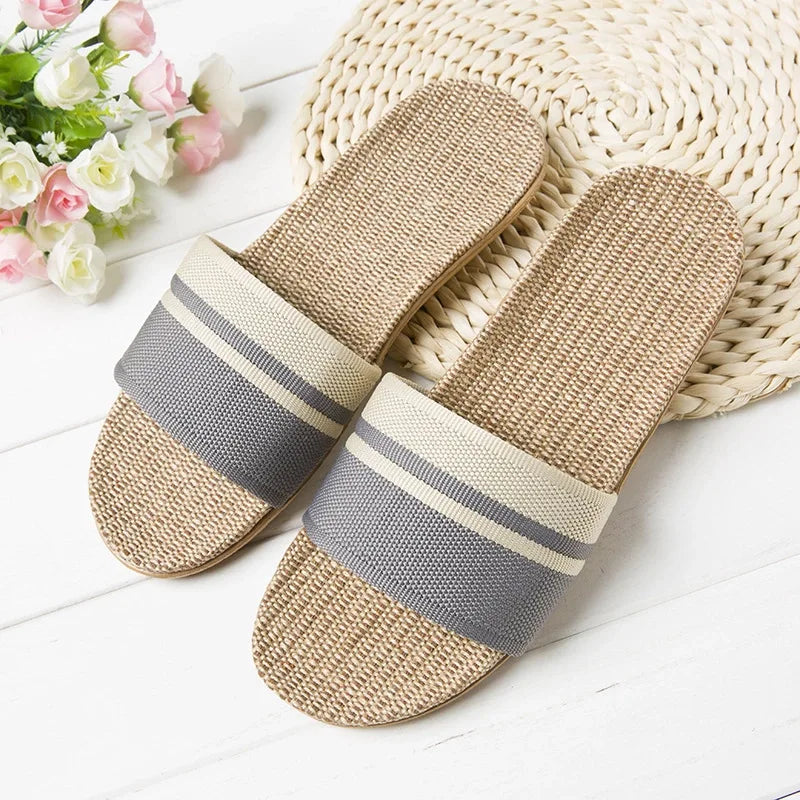 Comfortable Flip Flops for Women with Wide Band Stripe Print Linen Flat Sole Slip On Casual Sandal Style