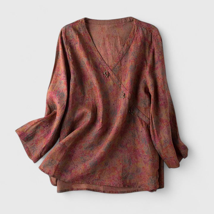 Effortless Floral Print Blouse for Women with V-Neck Long Sleeve Relaxed Casual Style