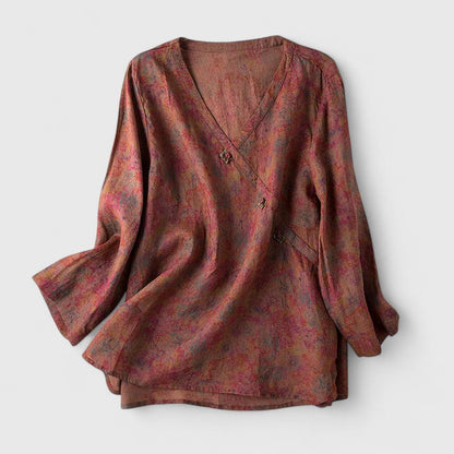 Effortless Floral Print Blouse for Women with V-Neck Long Sleeve Relaxed Casual Style