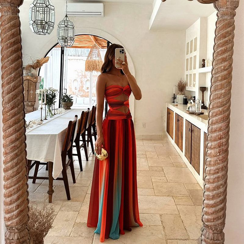 Elegant Multicolour Maxi Dress for Women with Strapless Casual Style